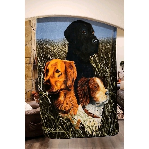 Vintage Throw Blanket 7 Ft X 5 Ft Black & Golden Lab Springer Spaniel Dbl Sided